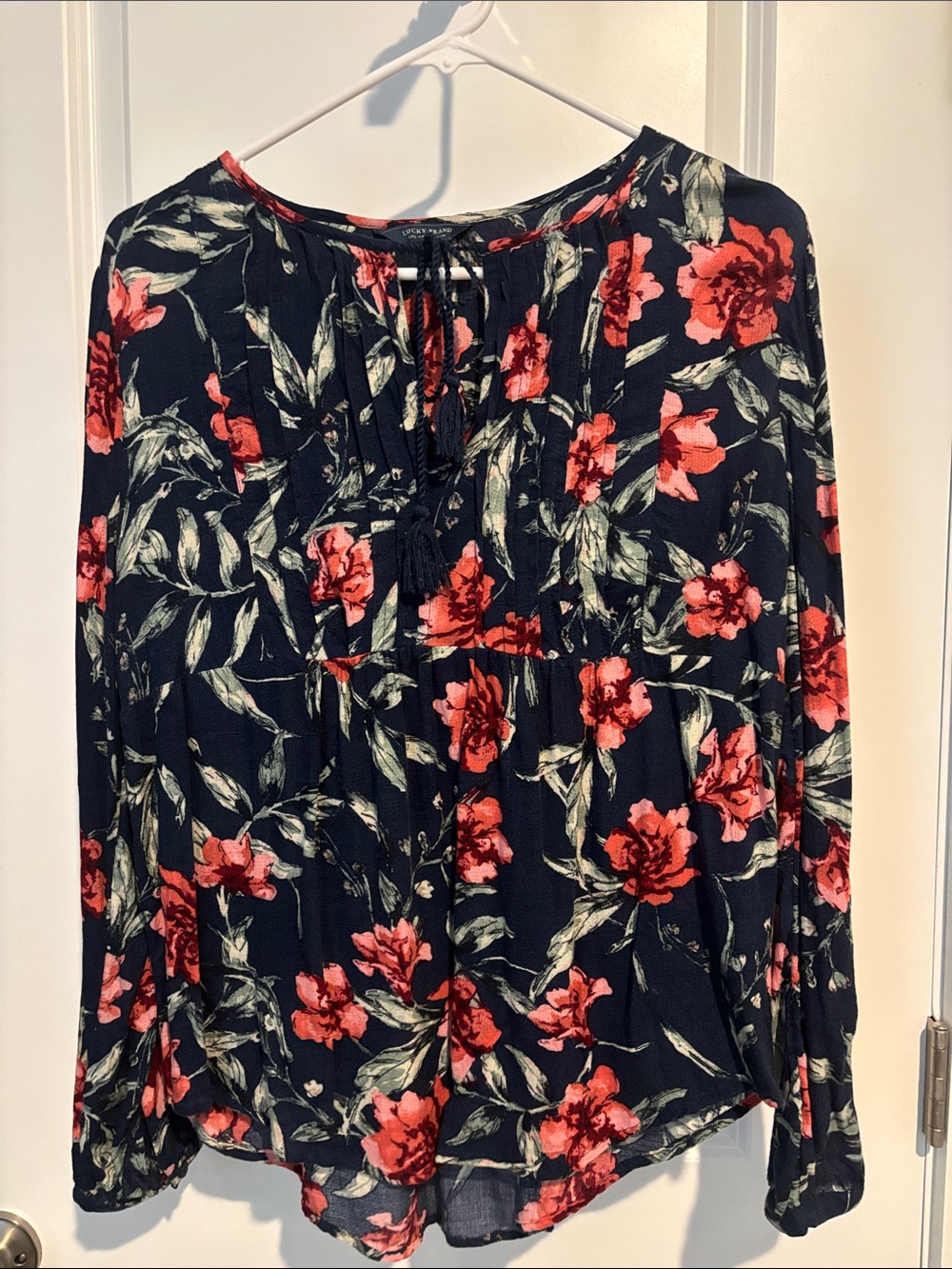 Lucky Brand Navy Floral Tie-Front Blouse - Coral & Green